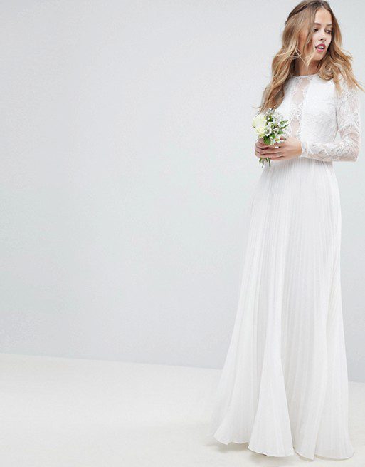 ASOS EDITION – Robe de mariage longue à manches longues avec corsage en dentelle et jupe plissée Mariage Bohème ASOS