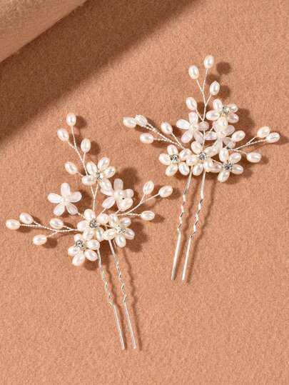 2 pièces Épingle à cheveux à fausse perle à fleur Accessoires coiffure mariage
