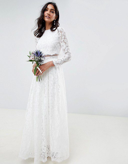 ASOS EDITION – Robe longue de mariée en dentelle avec top court à manches longues Crop top et jupes ASOS