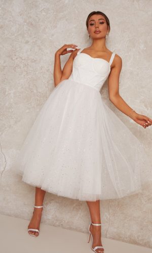 Chi Chi London – Bridal Corset Bodice Glitter Tulle Midi Dress in White Mariage Civil CHI CHI