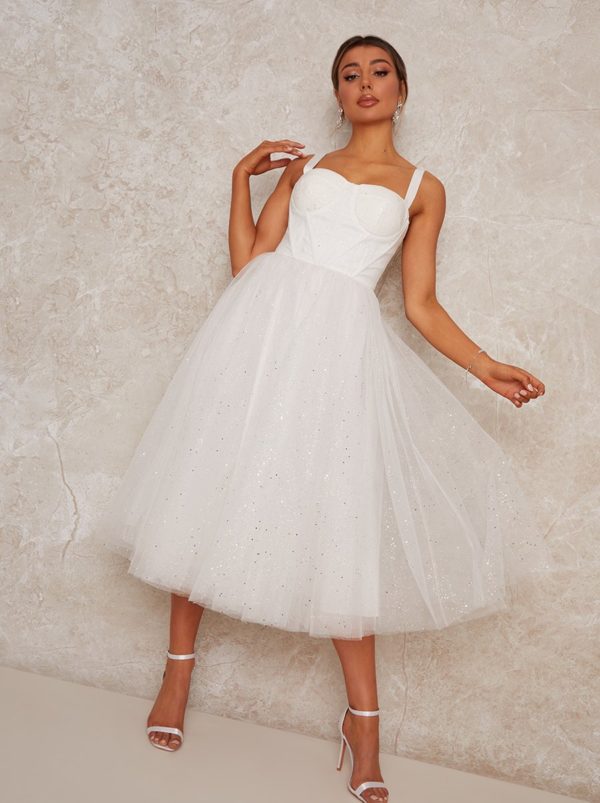 Chi Chi London – Bridal Corset Bodice Glitter Tulle Midi Dress in White Mariage Civil CHI CHI