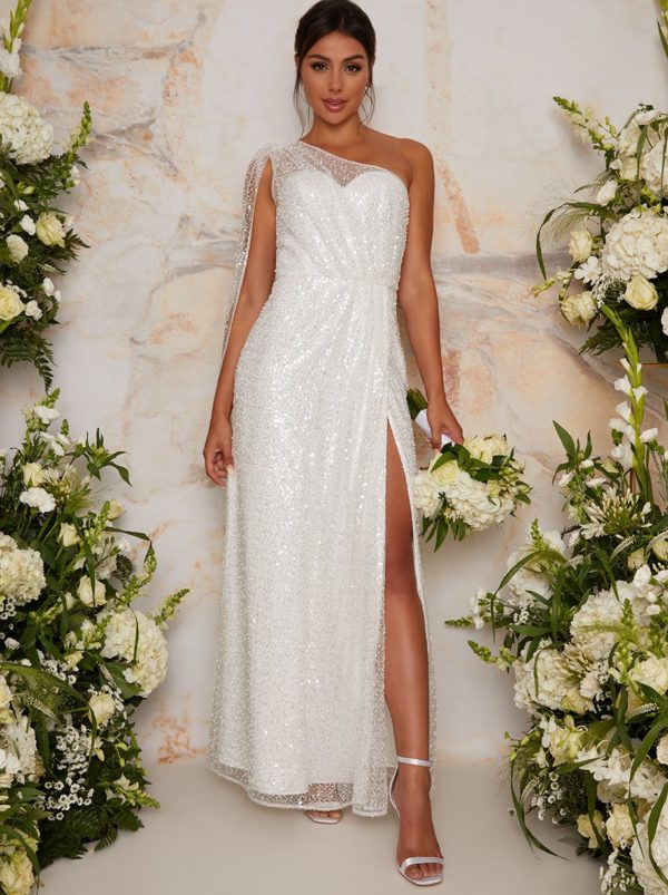 Chi Chi London – Bridal One Shoulder Sequin Maxi Dress In White Robes de mariée à moins de 500 euros CHI CHI