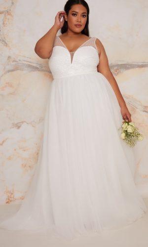 Chi Chi London – Plus Size Bridal Sequin Bodice Wedding Dress in White Robes de mariée princesse CHI CHI