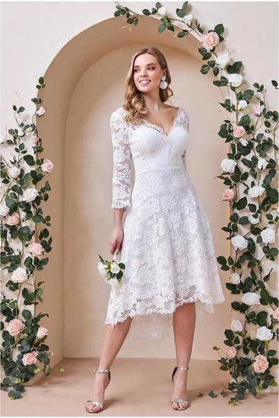 Goddiva – Goddiva High Low Lace Midi Wedding Dress – White Robes de mariée courtes GODDIVA