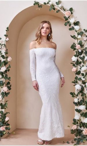 Goddiva – Goddiva Off The Shoulder Long Sleeve Sequin Maxi – White Robes de mariée modernes GODDIVA