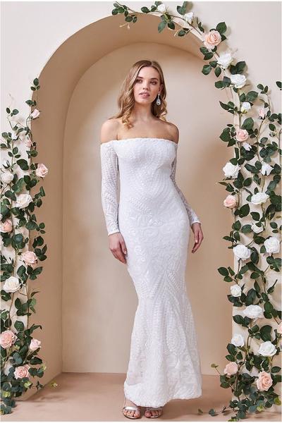 Goddiva – Goddiva Off The Shoulder Long Sleeve Sequin Maxi – White Robes de mariée modernes GODDIVA