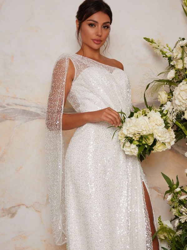 Chi Chi London – Bridal One Shoulder Sequin Maxi Dress In White Robes de mariée à moins de 500 euros CHI CHI