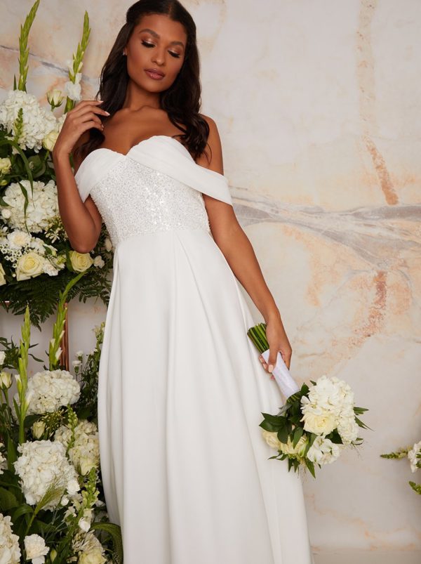 Chi Chi London – Bridal Sequin Bardot Maxi Wedding Dress in White Robes de mariée princesse CHI CHI