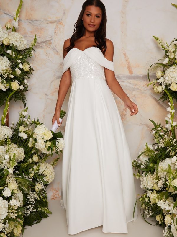 Chi Chi London – Bridal Sequin Bardot Maxi Wedding Dress in White Robes de mariée à moins de 500 euros CHI CHI
