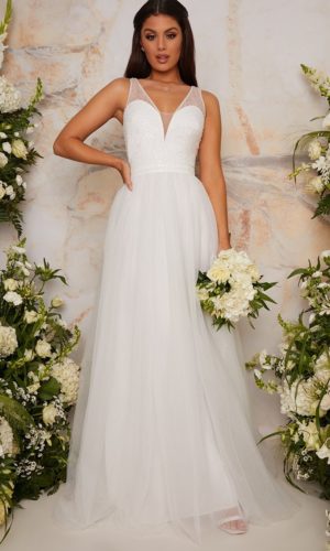 Chi Chi London – Bridal Sequin Bodice Tulle Maxi Wedding Dress in White Robes de mariée princesse CHI CHI