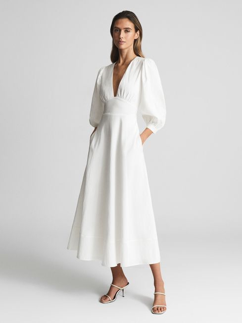 Reiss – Reiss White Christie Puff Sleeve Plunge Midi Dress Mariage Civil REISS