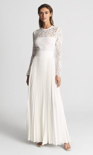 Reiss – Reiss White Hazel Lace Top Pleated Dress Robes de mariée à moins de 500 euros REISS