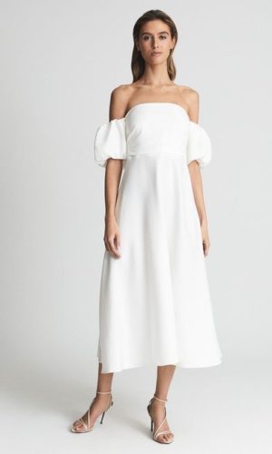 Reiss – Reiss White Shona Puff Sleeve Off Shoulder Midi Dress Mariage Civil REISS