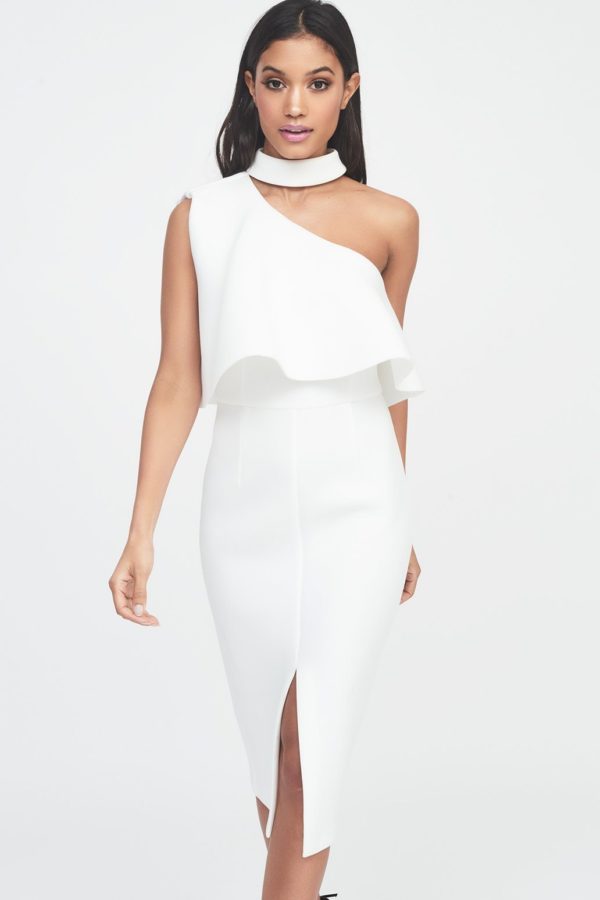 Lavish Alice – Scuba High Neck One Shoulder Midi Dress in White Mariage Civil LAVISH ALICE