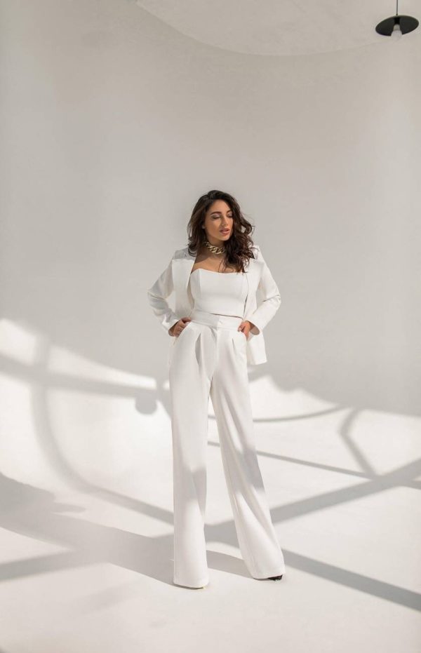 MoraBrand – White Womens Suit, Office Women 3 piece Suit with Wide Leg High Waist Pants, Wrap Blazer with Belt and Corset Top Bralette Mariage Civil ETSY