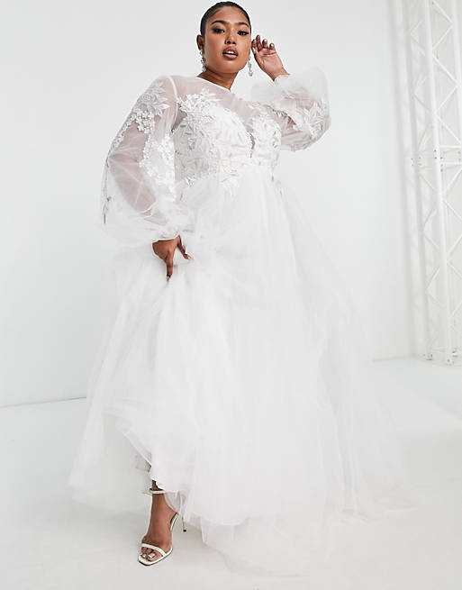 ASOS EDITION Curve – Luna – Robe de mariée brodée à manches blouson et jupe en tulle-Blanc Robes de mariée bohèmes ASOS