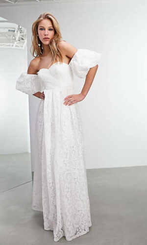 ASOS EDITION – Cora – Robe de mariée en dentelle à épaules dénudées avec manches bouffantes-Blanc Robes de mariée bohèmes ASOS