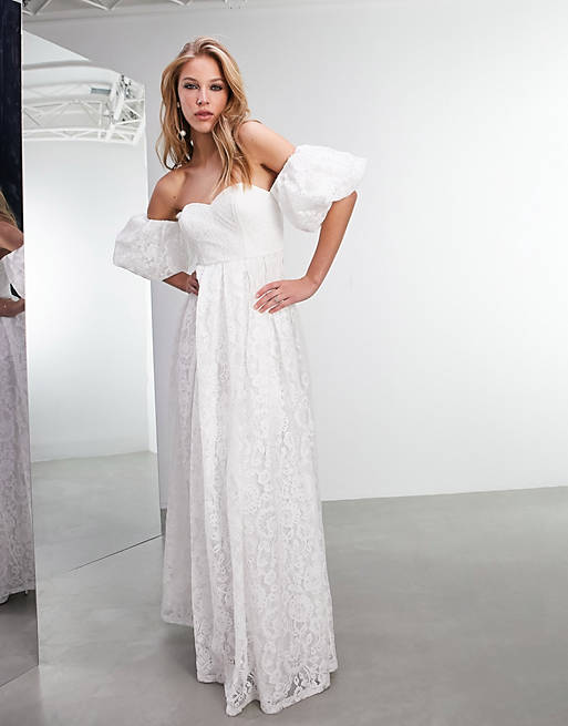 ASOS EDITION – Cora – Robe de mariée en dentelle à épaules dénudées avec manches bouffantes-Blanc Robes de mariée bohèmes ASOS