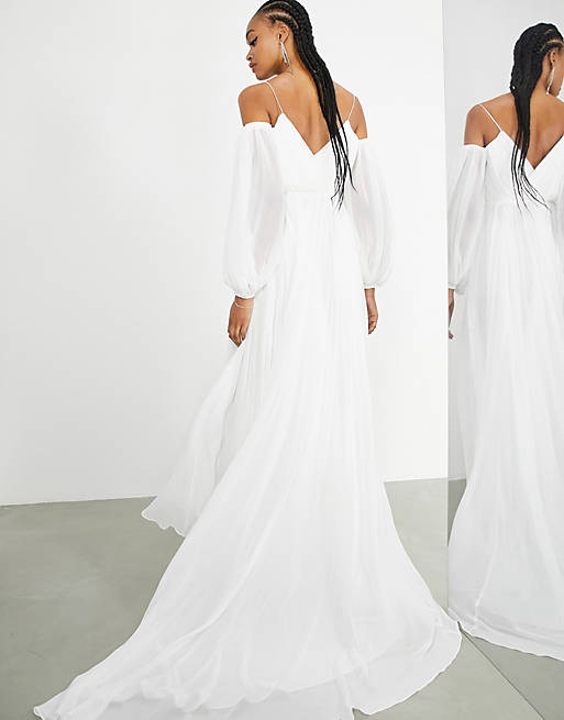 ASOS EDITION – Maya – Robe de mariée en mousseline à épaules dénudées et manches ballon-Blanc Robes de mariée bohèmes ASOS