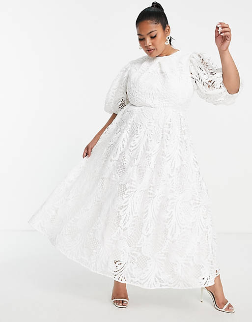 ASOS EDITION Curve – Avery – Robe de mariée mi-longue en dentelle brodée à découpe-Blanc Mariage Civil ASOS