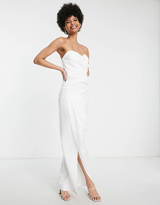 TFNC Tall – Robe de mariée portefeuille longue à encolure bandeau – Ivoire-Blanc Robes de mariée modernes ASOS