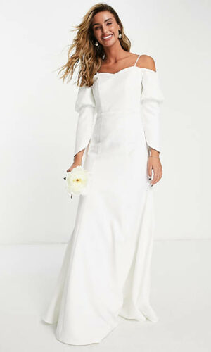 Vila – Robe de mariée longue à manches boutonnées et effet corset au dos – Blanc Robes de mariée modernes ASOS