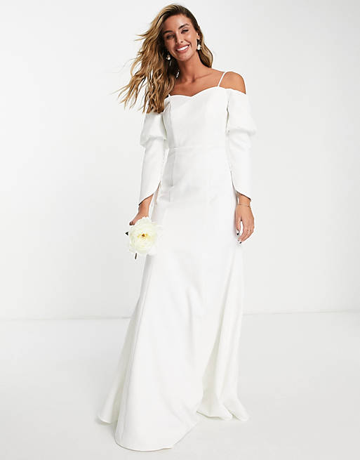 Vila – Robe de mariée longue à manches boutonnées et effet corset au dos – Blanc Robes de mariée modernes ASOS