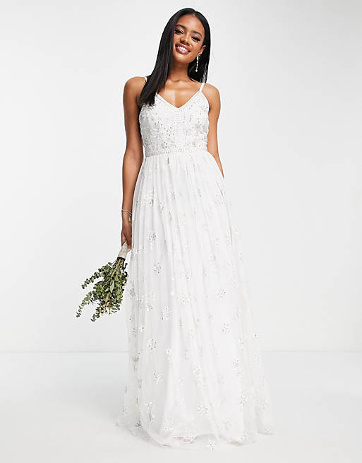 Beauut – Robe de mariée longue à fines bretelles et ornements sur l’ensemble – Blanc Robes de mariée modernes ASOS