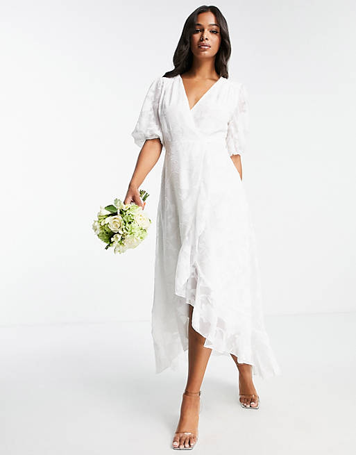 Blume – Robe de mariée portefeuille mi-longue en jacquard à manches bouffantes et volants – Blanc Mariage Civil ASOS