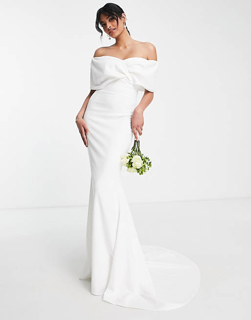 True Violet – Robe longue de mariée à épaules dénudées et encolure croisée – Ivoire-Blanc Robes de mariée modernes ASOS
