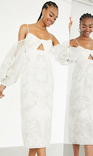 ASOS EDITION – Willow – Robe de mariée courte torsadée devant avec broderies et manches volumineuses-Blanc Mariage Civil ASOS