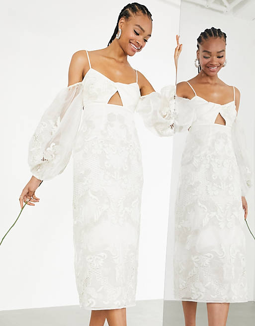 ASOS EDITION – Willow – Robe de mariée courte torsadée devant avec broderies et manches volumineuses-Blanc Mariage Civil ASOS