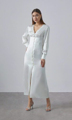 Silk Maison – Lantern Cuff Buttoned Slit Silk Dress Robes de mariée à moins de 500 euros SILK MAISON