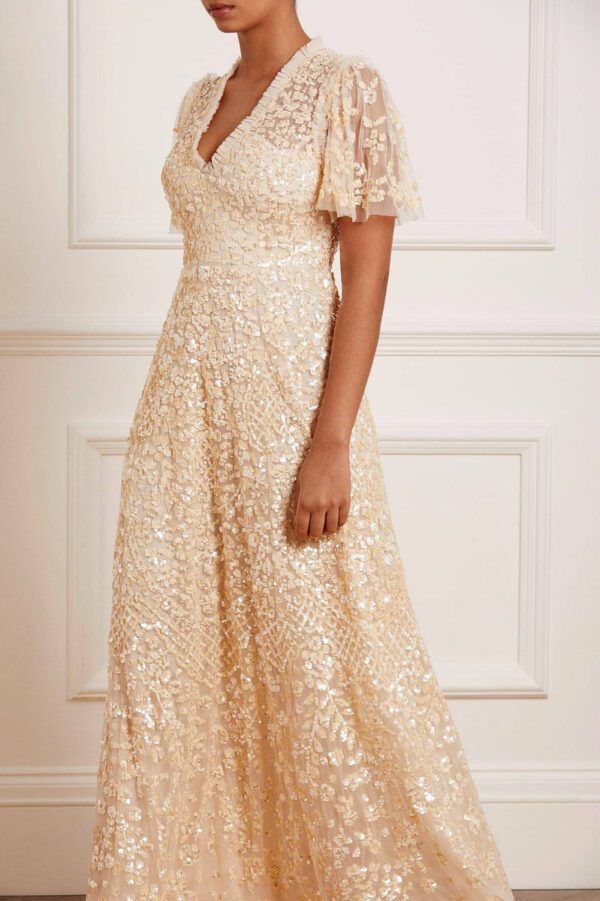 Needle & Thread – Amalie Sequin V-Neck Gown Robes de mariée bohèmes NEEDLE & THREAD