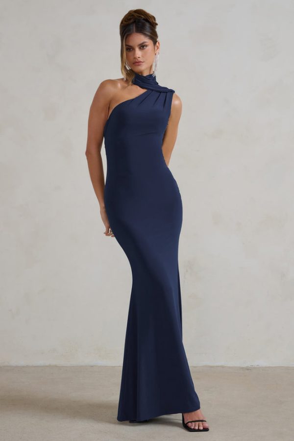 Robe Cérémonie Robe Bleu Marine Asymetrique Robe Satinée