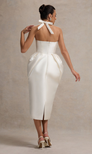Cosetta – Robe Mi-Longue Blanche à Col Halter avec Jupe Tulipe Robes de mariée courtes The Wedding Explorer