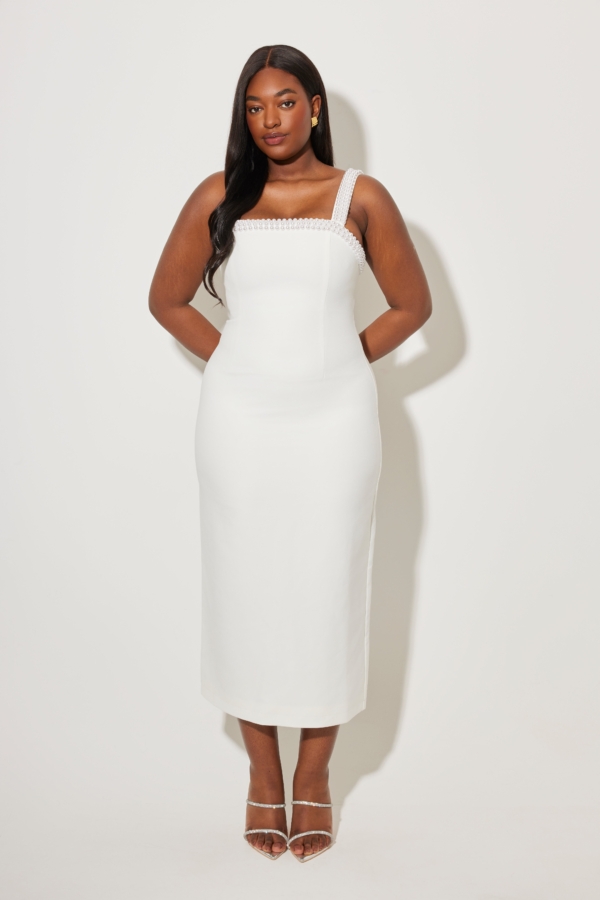Pearl Trim Midi Dress | The Wedding Explorer