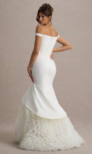 The Greatest – Robe Maxi Bardot Blanche et Crème avec Jupe en Tulle Robes de mariée The Wedding Explorer